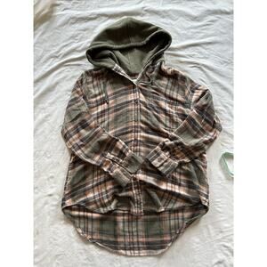 American Eagle Plaid Flannel Hoodie Shirt Jacket | Green Peach Check | Size S